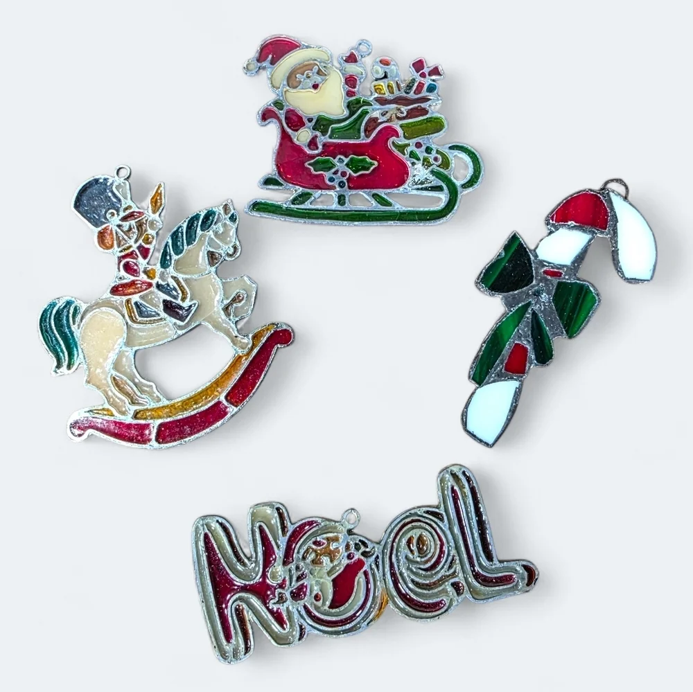 Festive Vintage Christmas Stained Glass Ornament, Suncatchers Set Of 4